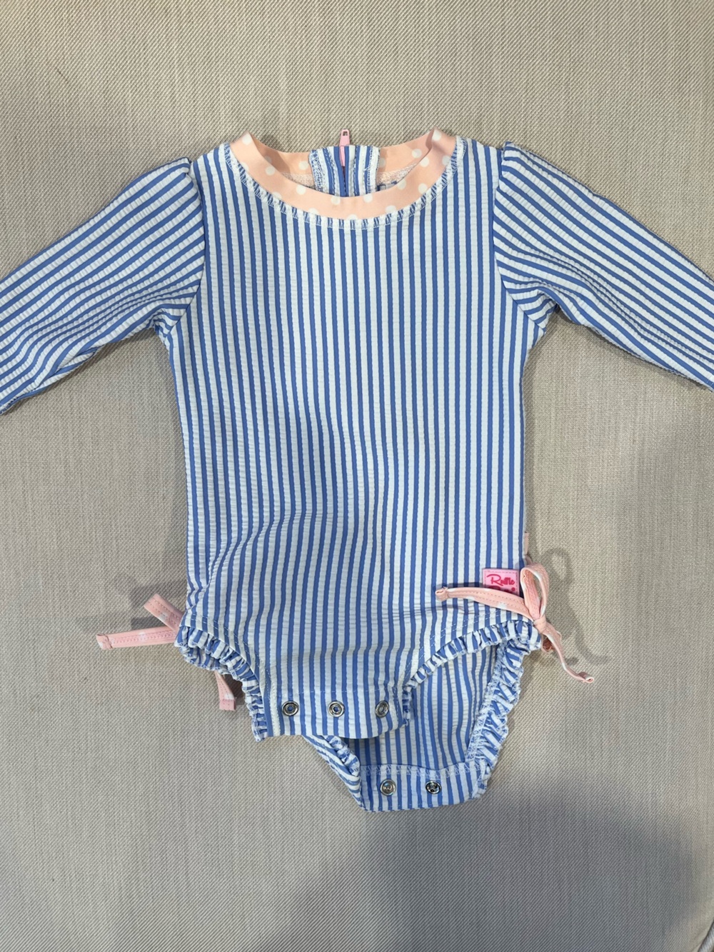 0-3 Month, Ruffle Butts Blue & White Stripe One-Piece with Pink Trim